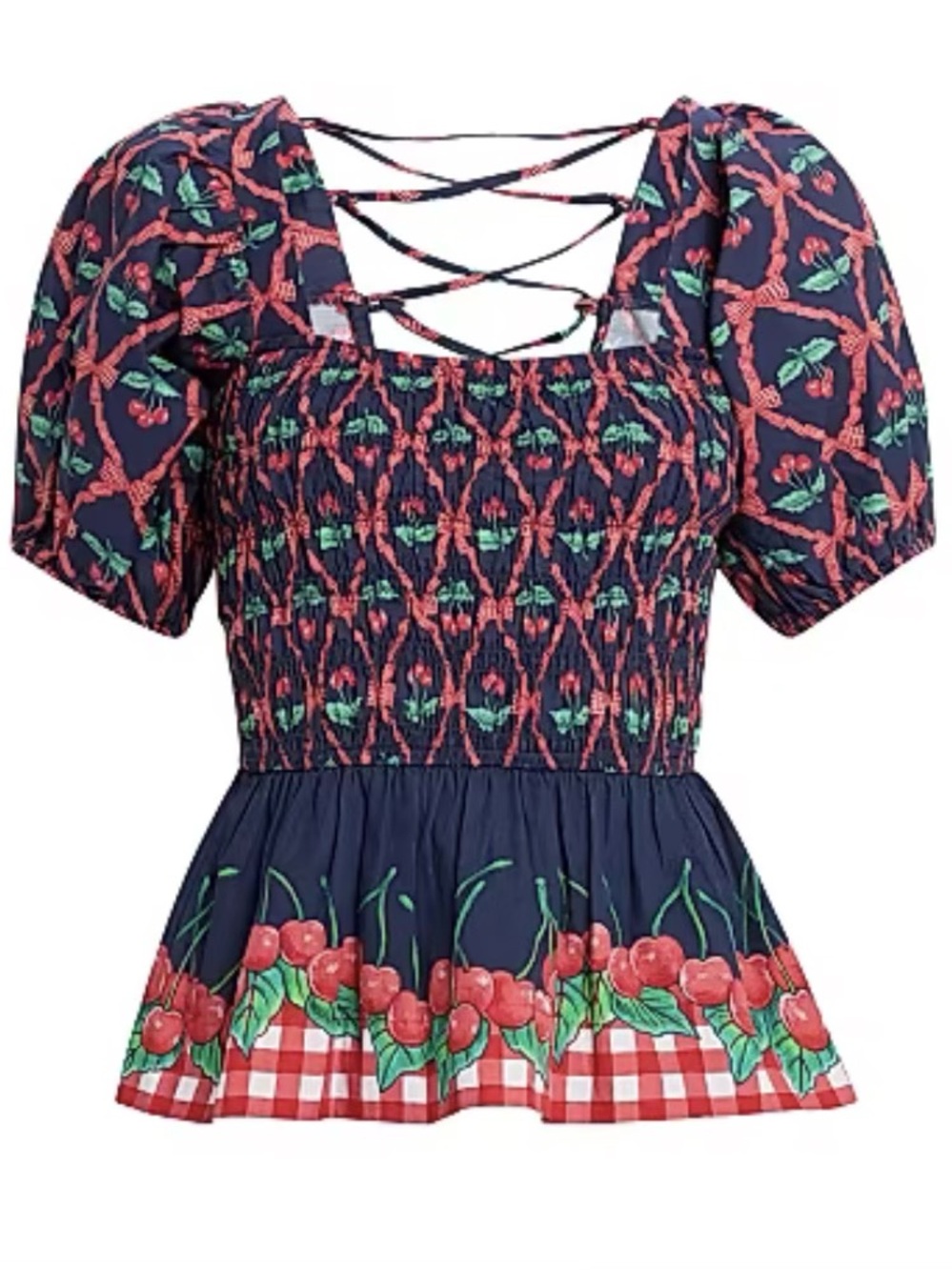 Smocked Cherry Print Puff Sleeve Top